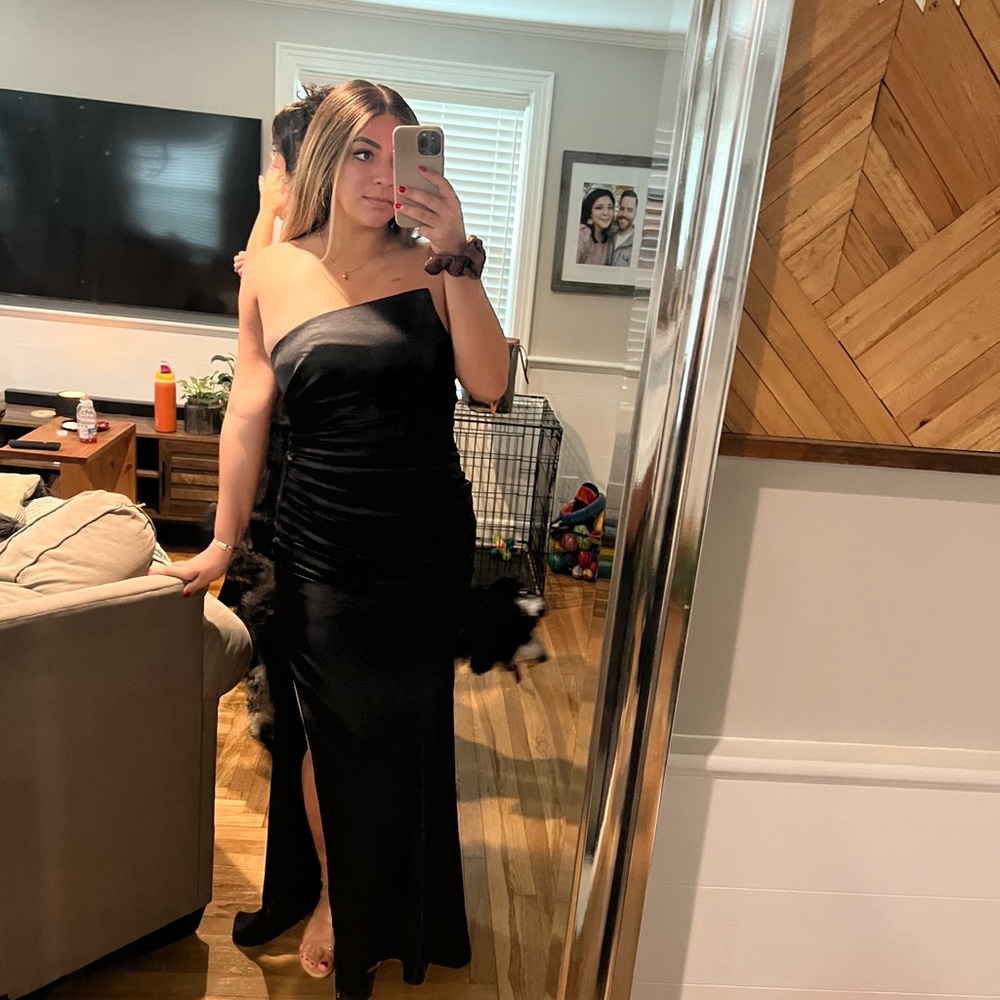 Kiarely’s Strapless Long Bridesmaid Dresses Satin Side Slit Pleats Floor Length